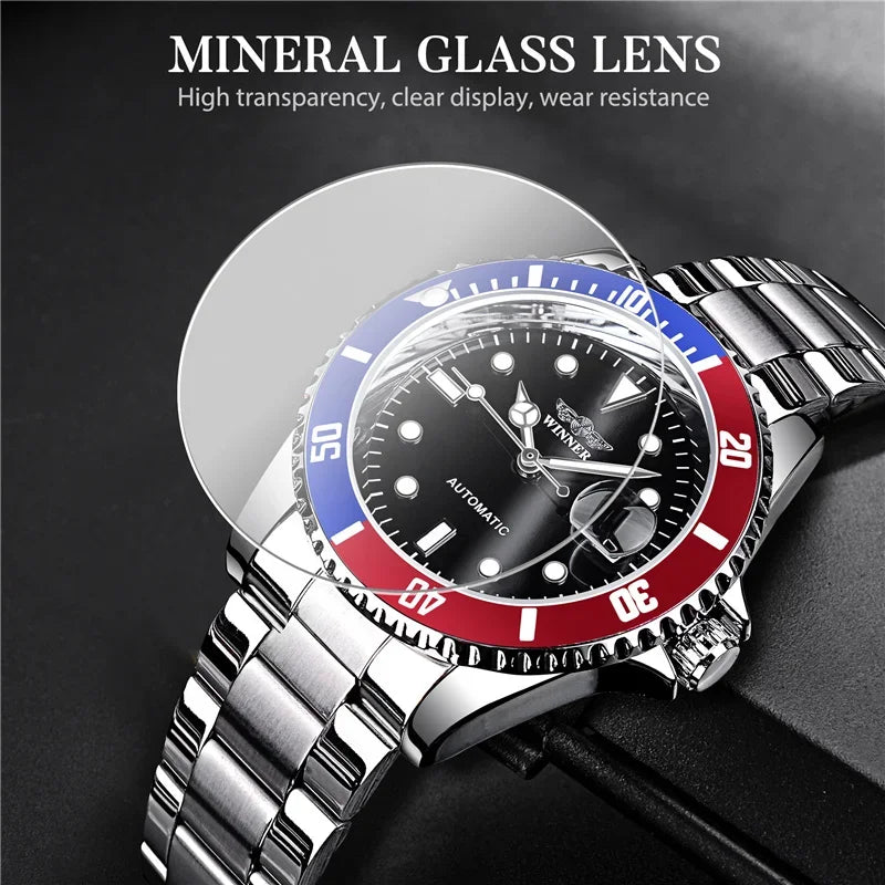 Classic Mechanical Watches Luxury Brand Business Automatic Watch for Men Rotatable Bezel Luminous Dial Steel Strap Clock