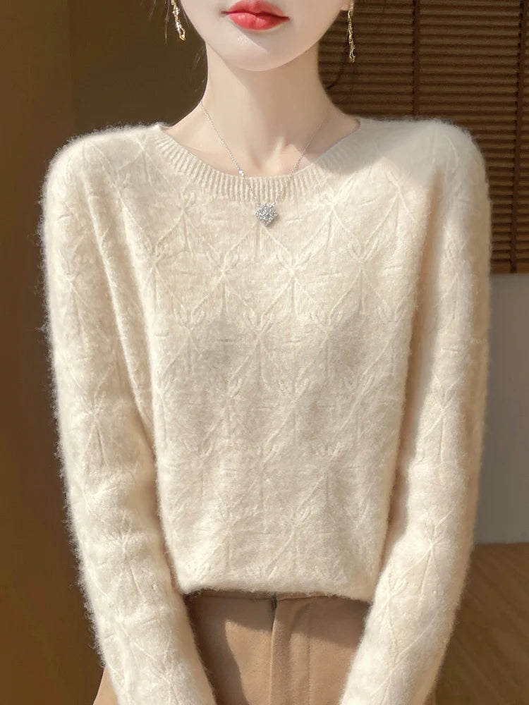 Women 100% Merino Wool Sweater Casual Hollow out Cashmere Blouse O-neck Pullover Tops Autumn Winter Warm Knit Woman Wool Sweater