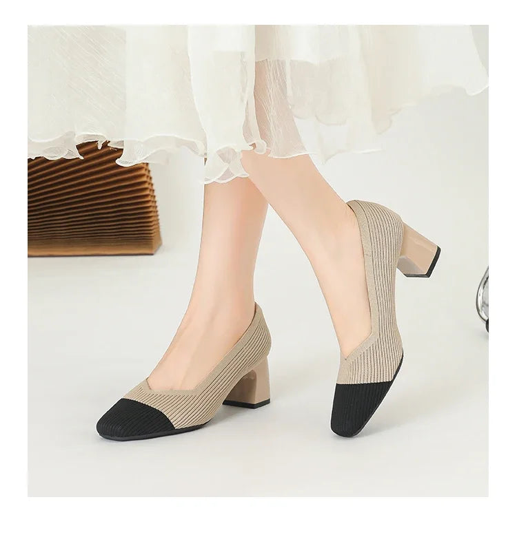 Shoes Woman High Heels Comfortable Square Knitted Breathable Comfortable Women's Flats Shoes (5cm High) 2025 New Collection