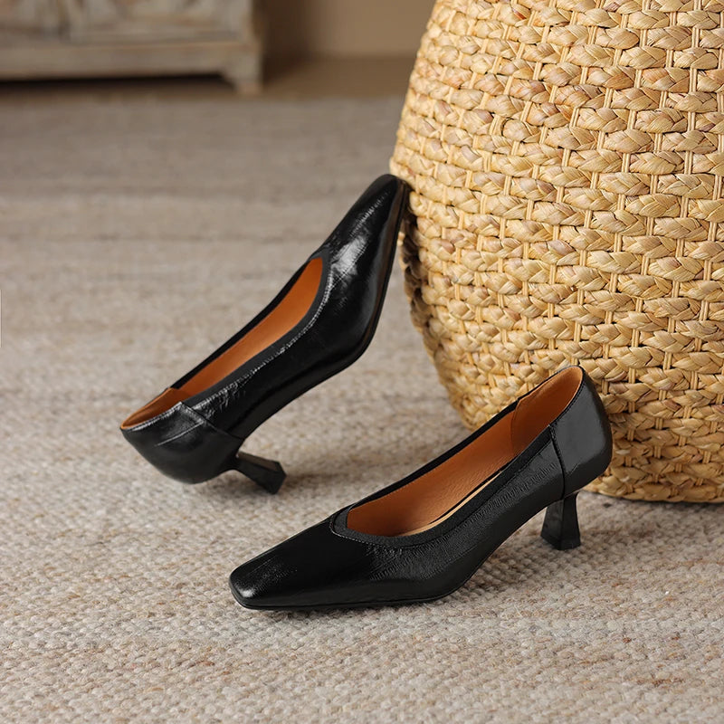 【JOCHEBED HU】Brand Genuine Leather Square Toe Women Pumps Slip Mid Heels Solid Color Dress Party Spring Autumn Shoes Handmade