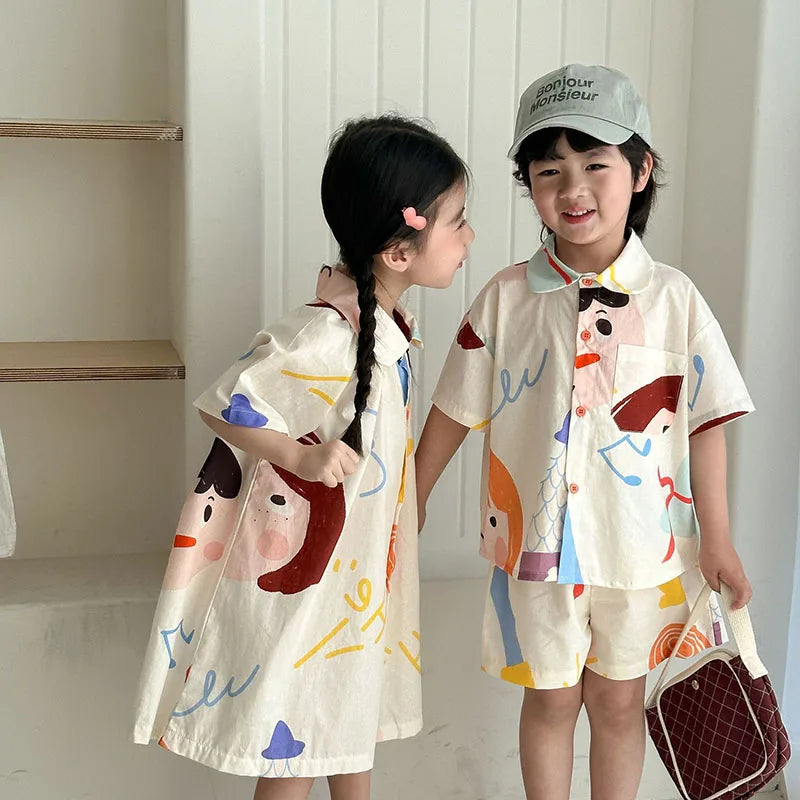 Loose Fit Summer Kids Clothes Set Girls Cute Graffiti Dress Boys Short Sleeved Shirt Children Thin Brother Sisters Outwear Suit