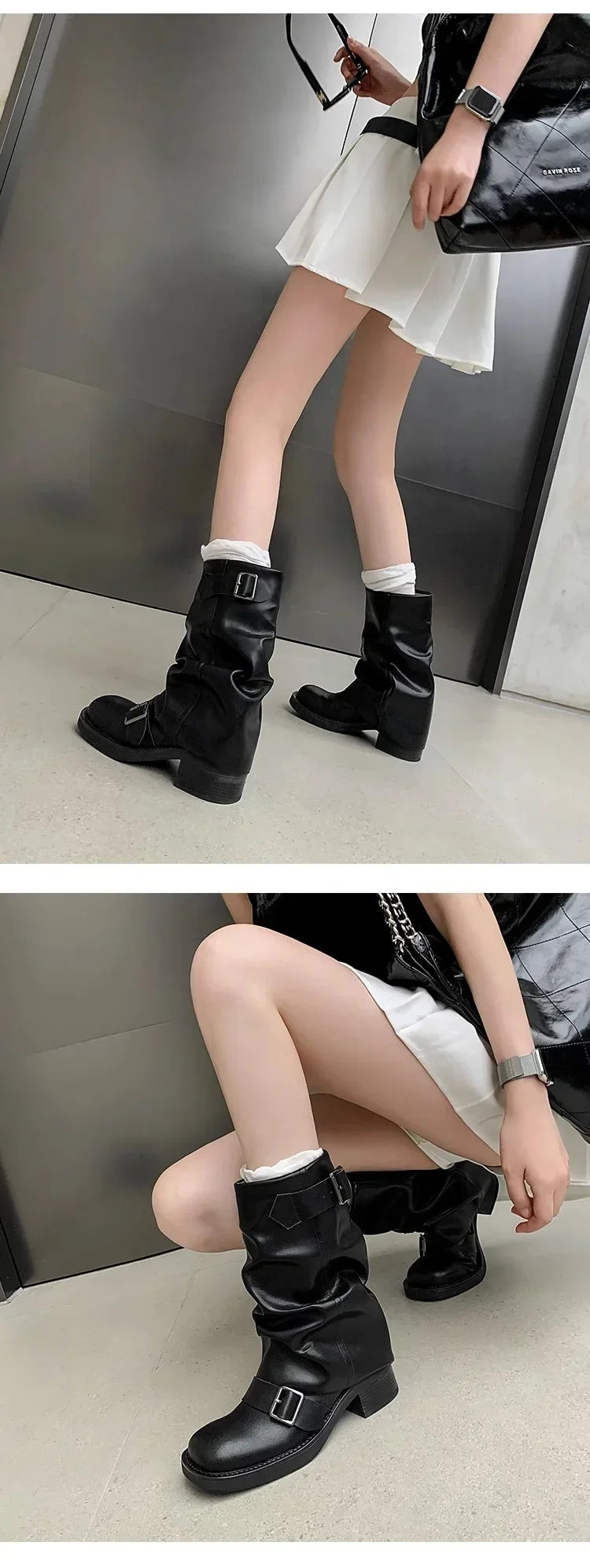 Pleated Buckle Knight Boots for Women Autumn Brown PU Leather Mid Calf Boots Woman Slip-On Thick Heel Riding 2024