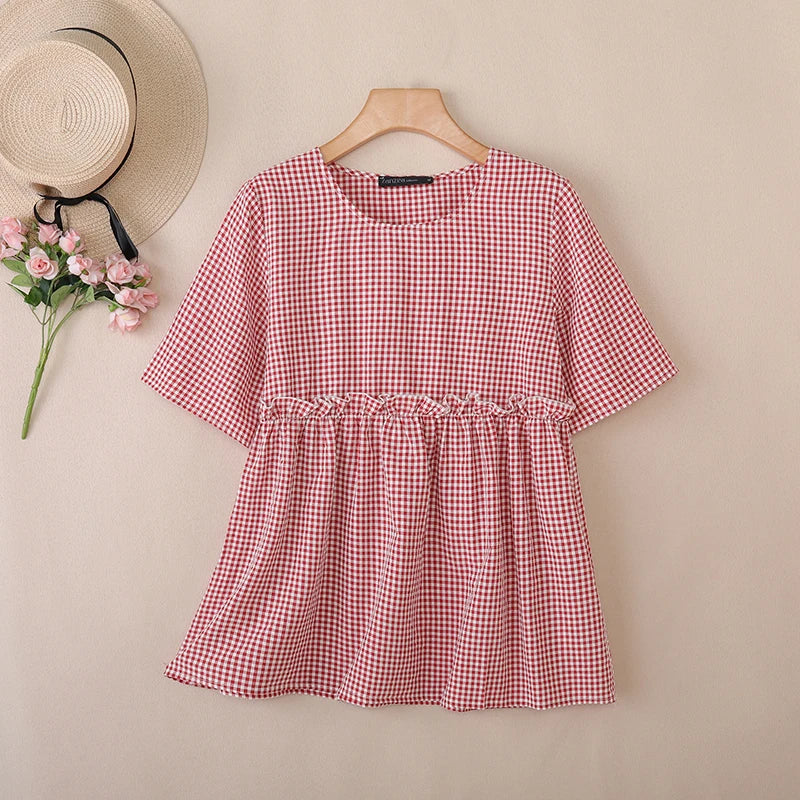 2025 ZANZEA Women Plaid Checked Blouse Summer Casual O Neck Short Sleeve Blusas Loose Tops Stylish Ruffled Work Shirt Oversize