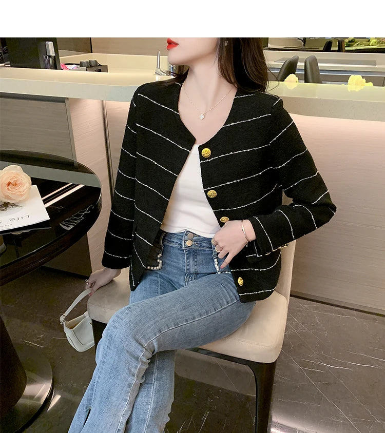Korean Fashion Casual Small Fragrance Tweed Jacket Coat Women Fall Winter Fried Street Striped Coat Casaco Woolen Outwear Top