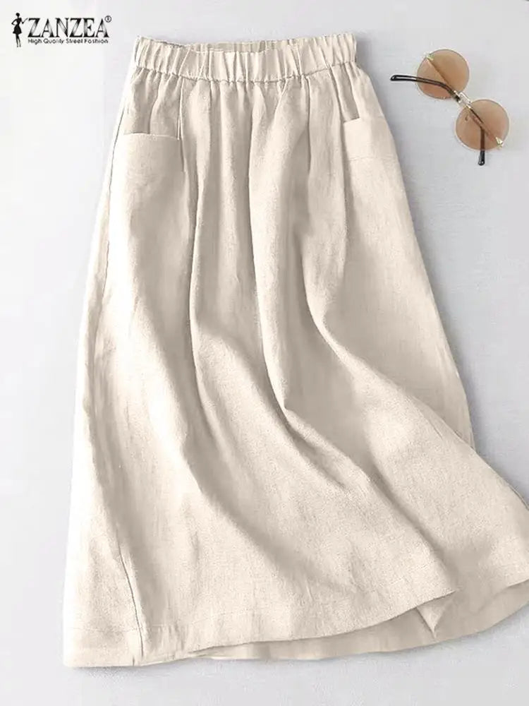 ZANZEA Women A Line Cotton Skirt Elastic Waist Midi Skirt Solid 2024 Summer Korean Side Pockets Falda Saias Casual Holiday Jupe