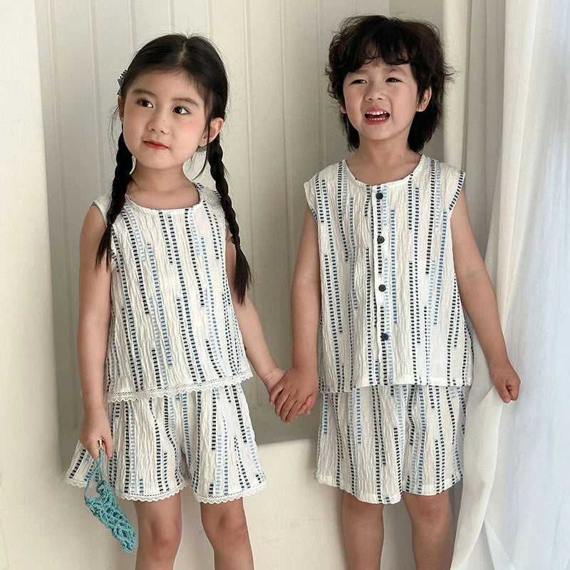 Summer Children's Vest Set Girls Lace Top Suit Kids Embroidered Striped Tank Top and Shorts 2Pcs Boys Casual Suit Sibling Outfit