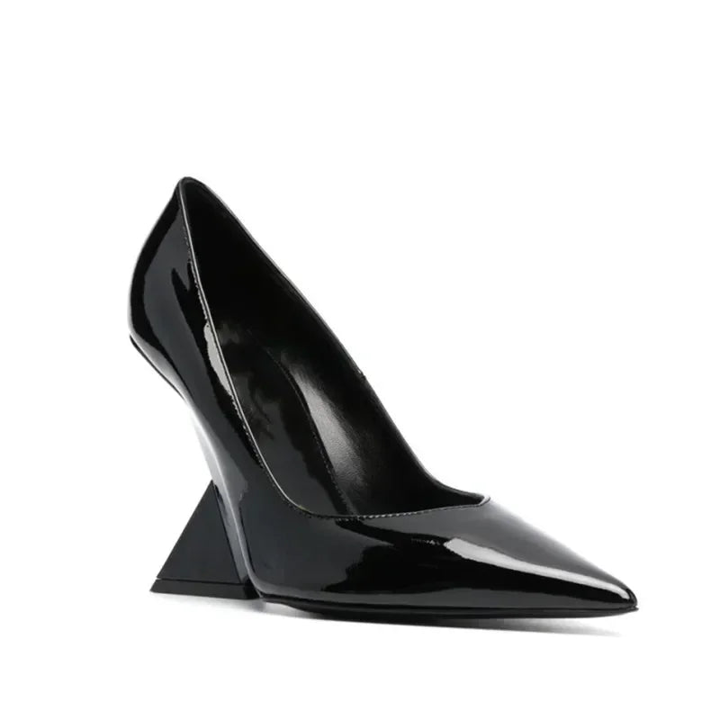 Summer 2024 New High Heels Thick Sole Thick Heel Lacquer Leather Shallow Mouth Pointed Fashion Sexy Women's Oversized Shoes