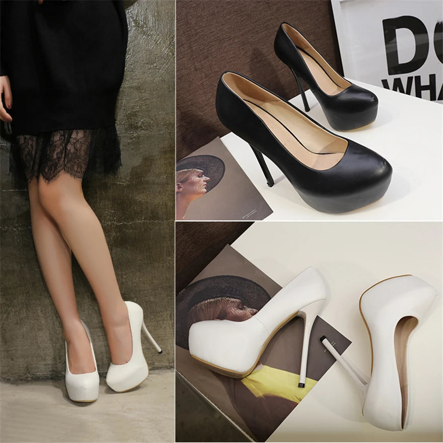 Big Size 35-47 Soft Leather Sexy Platform Women Pumps 14CM Super High Heel Round Toe Shallow Lady Office Shoes Party Black White