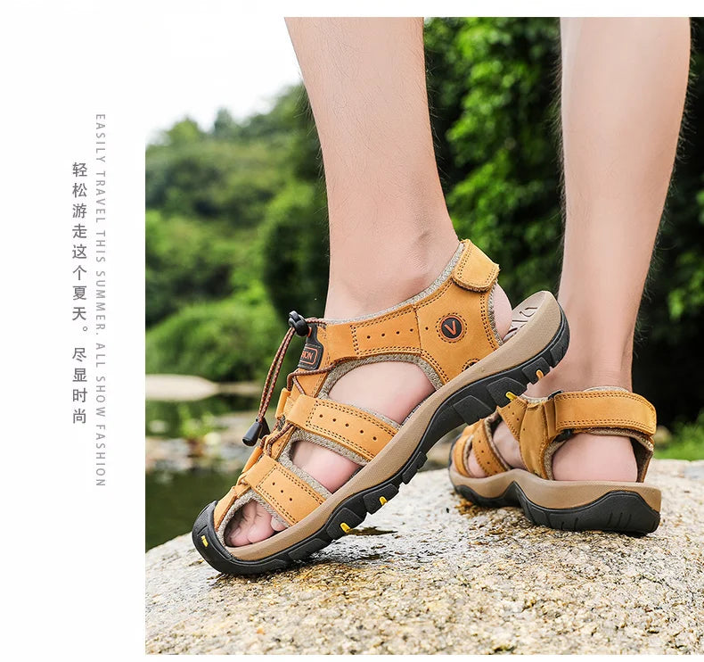 Men Sandals Summer Genuine Leather Mens Casual Shoes Outdoor Leather Sandals for Men Beach Shoes Roman Shoes Rubber Water Shoes