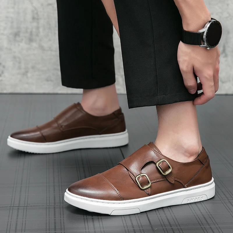 Italy Men Double Buckle Casual Shoes Autumn Leather Loafers Office Shoes for Men Driving Business Comfortable Slip on Shoes Men