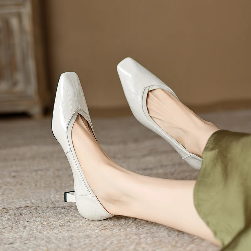 【JOCHEBED HU】Brand Genuine Leather Square Toe Women Pumps Slip Mid Heels Solid Color Dress Party Spring Autumn Shoes Handmade