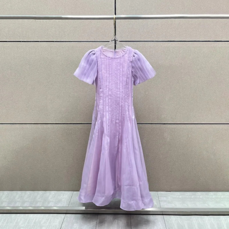 Summer 2025 Women's round NeckDouble Layer FabricHeavy Work Short Sleeve Dress Y2K High Quality Fashion High Street A-Line Skirt