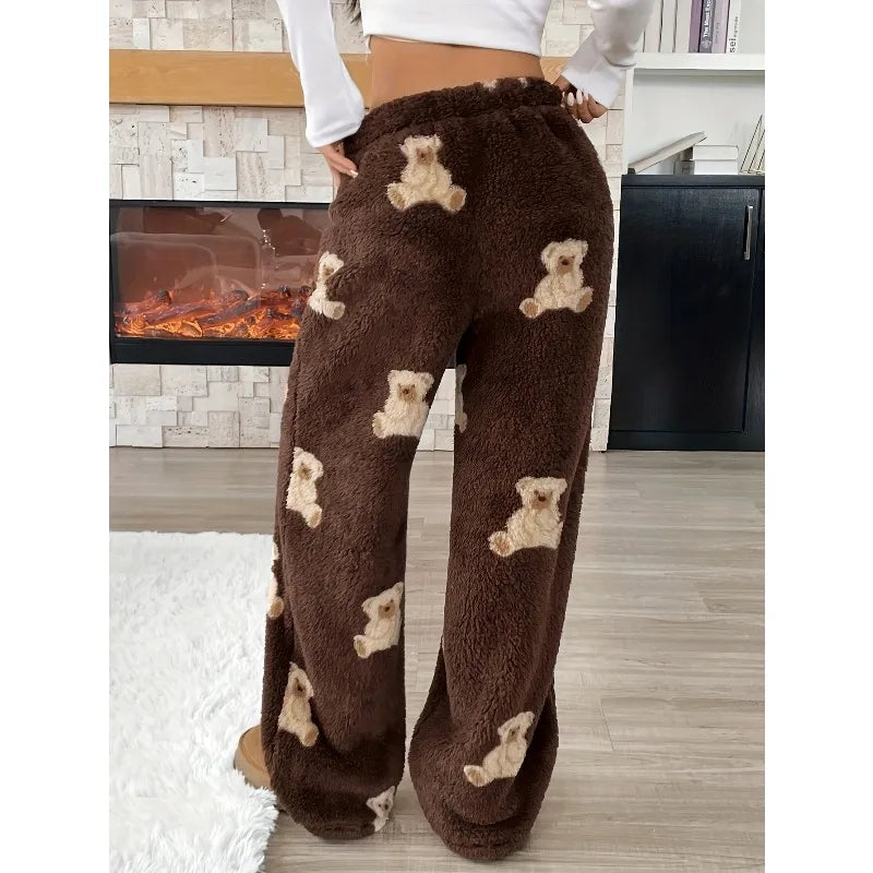 1pcs Autumn and Winter Fashionable Casual Pants, Bear Pattern Wide-leg Pants, Loose and Warm Women's Long Pants and Pajama Pants