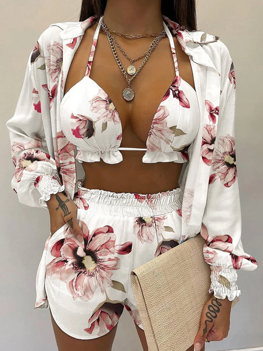 2026 New Bathing Suit Shorts Cover Up Summer Three Pieces Swimwear Sexy Beachwear High Waist Bikini Set Print Women's Swimsuit