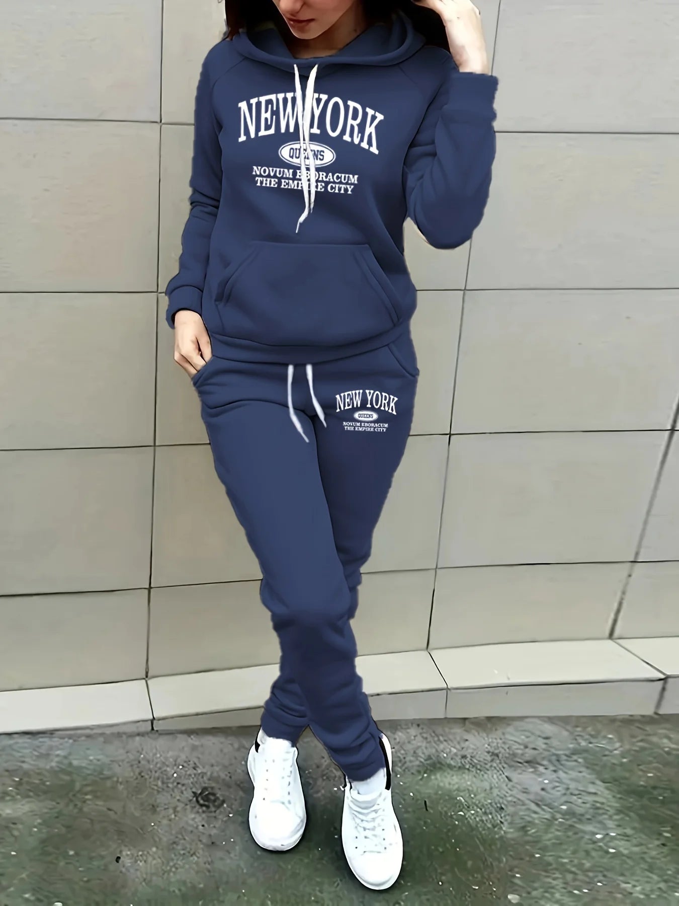 New York Print Two piece Set Casual Kangaroo Women's Casual Fashion Round Neck Sweatshirt, Solid Color Long Sleeves Sweatshirt,
