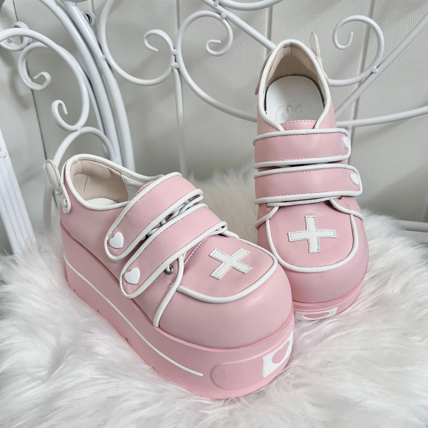 Original Japanese Cute Cross Print Thick-soled Muffin Shoes Subculture Sweet Cool Girl Round Head Pu Leather High Heels Women