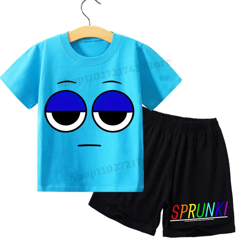 Kids 2 Piece Outfit Sprunki Red Face Character T-Shirt + Shorts Set Boys Girls 100% Cotton Casual Summer Pajamas Set