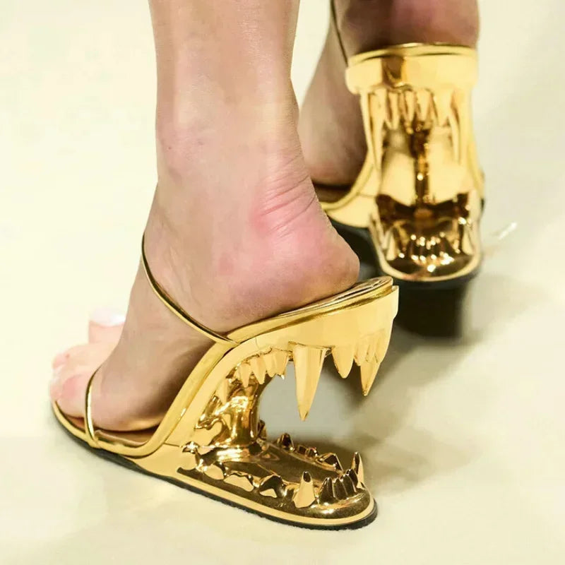 Spring Fashion Show, Teeth Shaped Heels, High Heels with Exposed Toes, Sloping Heels, Round Toe Fashion Women's Shoes
