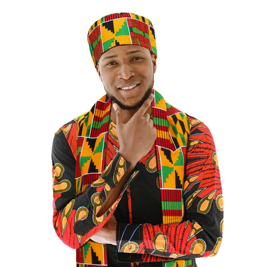 African Kente Pattern Kufi Hat and Stole Sash Shawl for African Black History Party Outfits