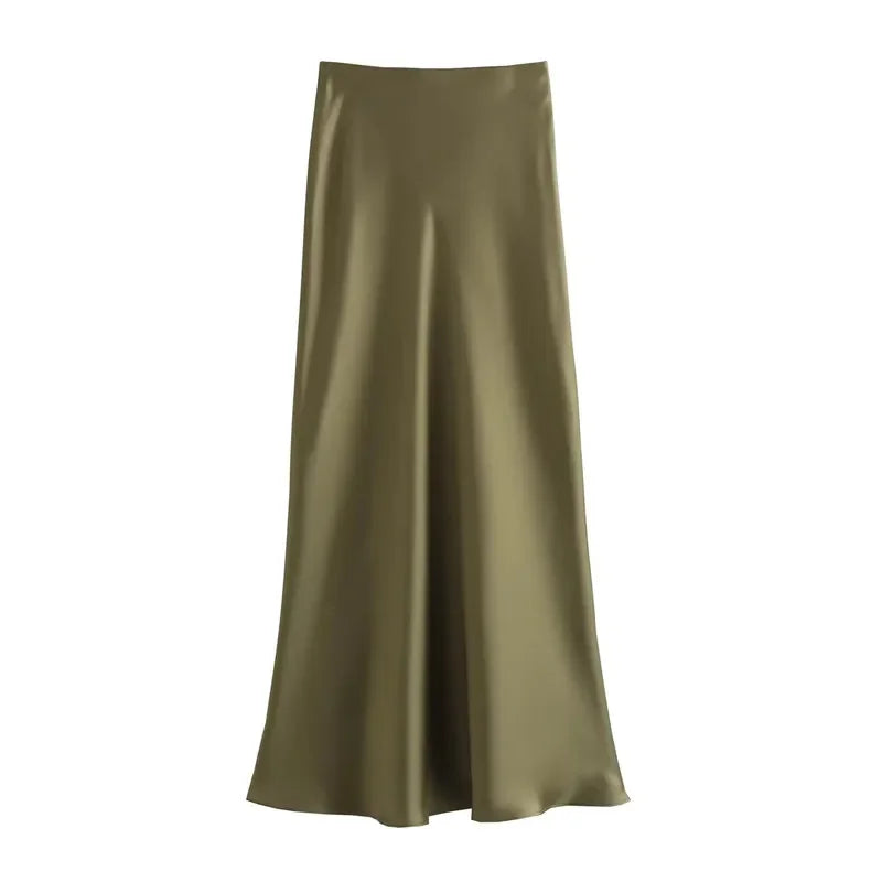 HXAO 2025 Skirts For Women Black Satin Skirt Summer Elegant Women's Midi Skirts High Waist Smooth Skirts Green Flare Skirt 088