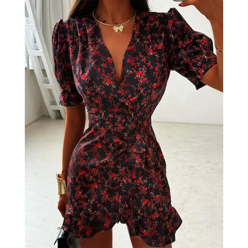 Chic Ruffle Print Slim Fit Dress Women Chic Flared sleeves V-neck Pleated Short Dresses 2026 Lady Summer Casual Daily Vestidos BAZAARHUBO