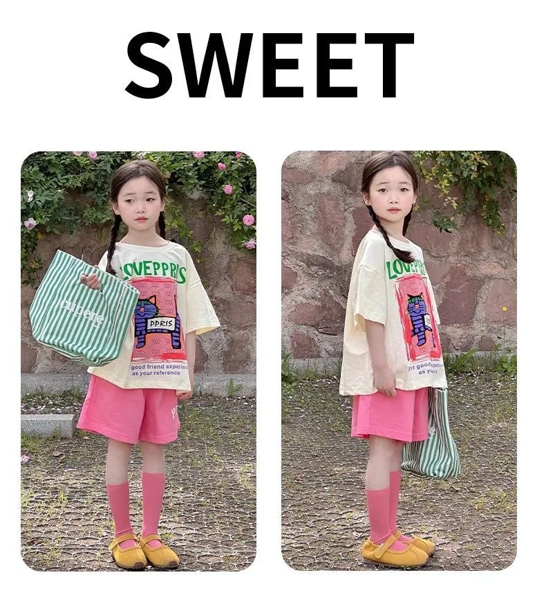 2026 New Children's casual Set Summer fashion girls' internet-famous sporty short-sleeved pants summer wear 4-14Years old girls