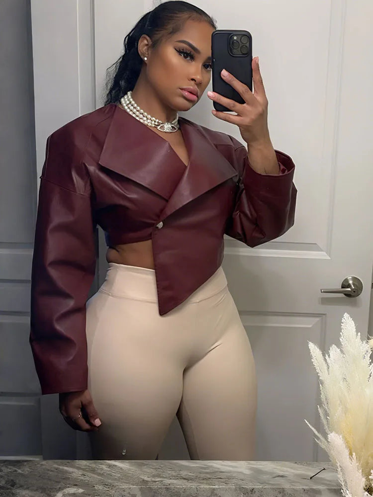 Weird Puss Faux Leather Crop Jacket Women Cross Neck Hipster Single Button Irregular Fall Trend Wild Basic Sexy Streetwear Coat