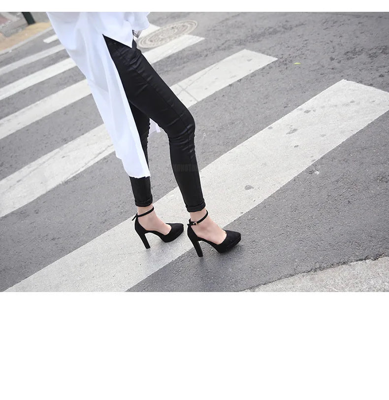 Black Platform Pumps for Women 14cm Spike Heels Ankle Strap Sexy Fashion High Heels Party Wedding Shoes Ladies