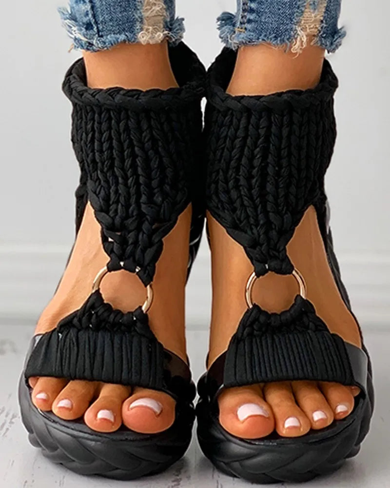 Sandals Women's Braided Knit O-Ring Cutout Platform Summer Gladiator Sandals Shoes Thick Heels Ladies White Sandalias Casual