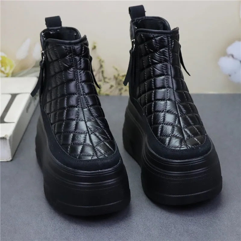 12cm Winter Leather Silver Women Snow Boots Thick Sole Waterproof Warm Platform Boots Women Plush Mid-calf Boots Increases Heigh