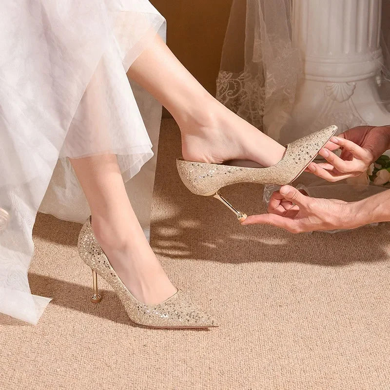 2025 New Women Pumps High Heel Metal Pointed Toe Shallow Sexy Ladies Bling Bridal Wedding Women Shoes White High Heels
