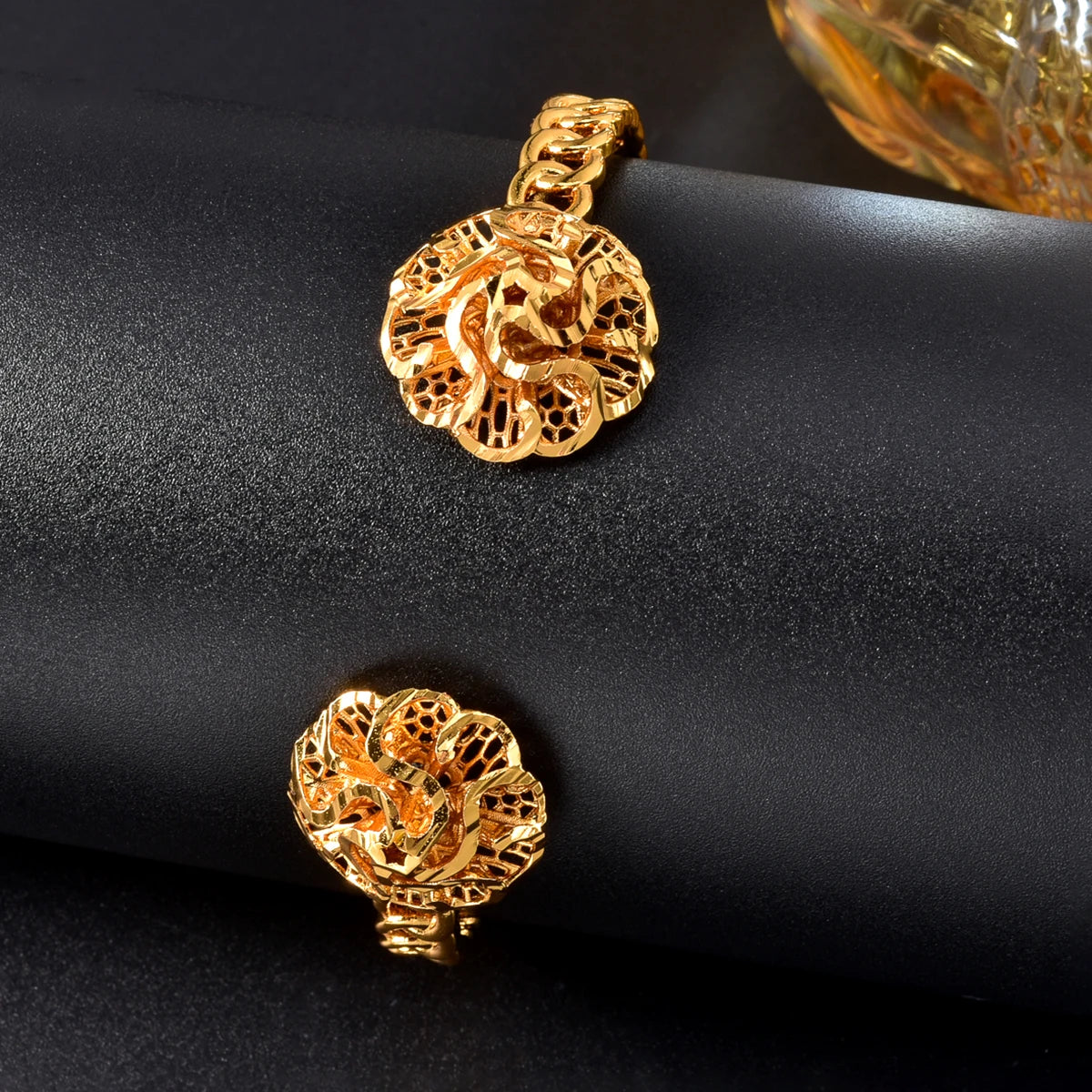 African Gold Plated Floral Cuff Bangle  Ring Set for Women Arabic Pattern Daily Jewelry Gift