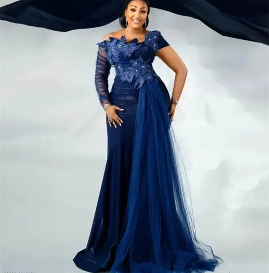 Blue African Aso Ebi Evening Dresses One-shoulder Lace Beaded Formal Party Gown Prom Dresses For Black Girls Customized