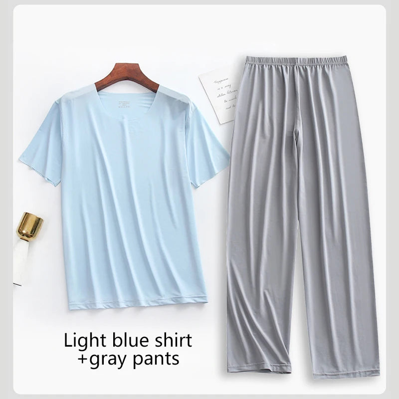 2Pcs/set Mens Ice Silk Short Sleeves T-Shirt & Long Pants Cool Thin Sleepwear Male Summer Pyjamas Home Clothing Nightwear Suit