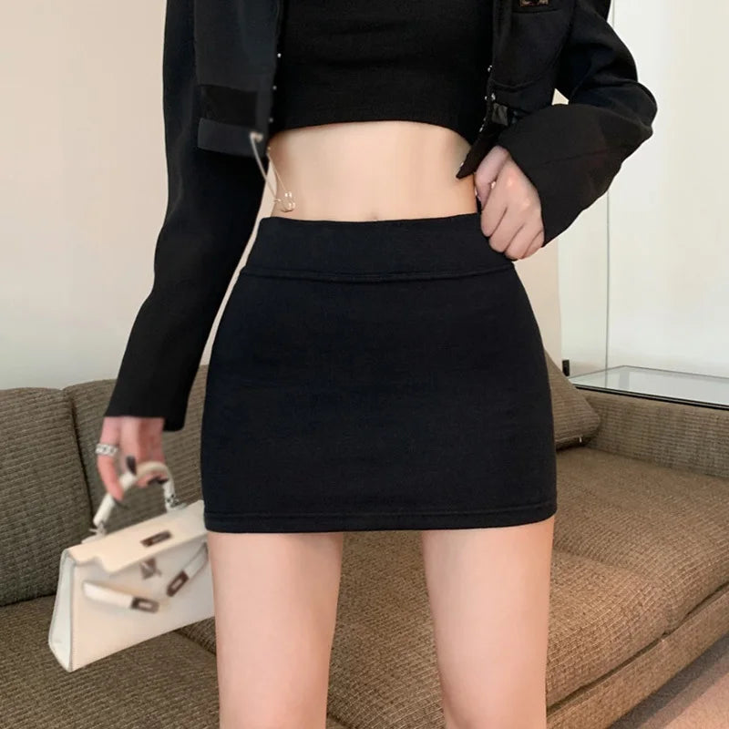 Women High Waist Skirt Elastic Waist Korean Style Solid Color Knee Length