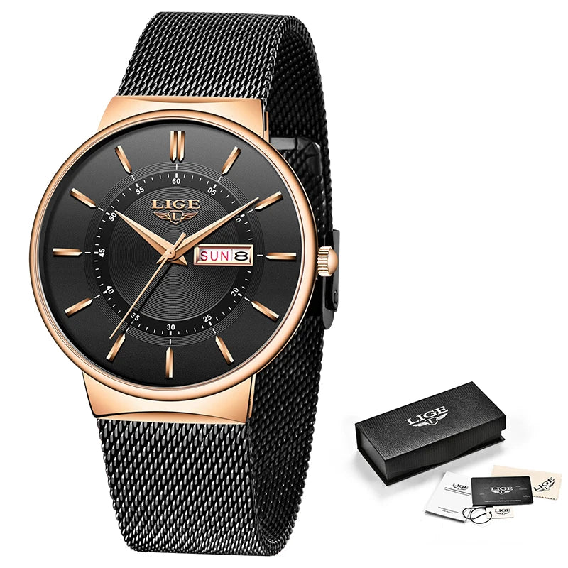 LIGE Fashion Man Watch Waterproof Sport Calendar Quartz Watch Men Top Brand Luxury Steel Strap Men's Watches Relogio Masculino