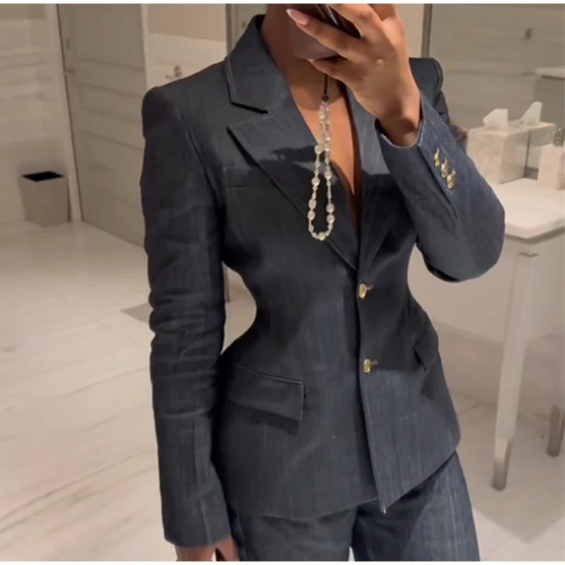 Elegant Denim Blazer Vest Pants Set Women Single-breasted V-Neck Suit Coat Strapless Tanks Straight Leg Jeans 2025 New Lady Suit