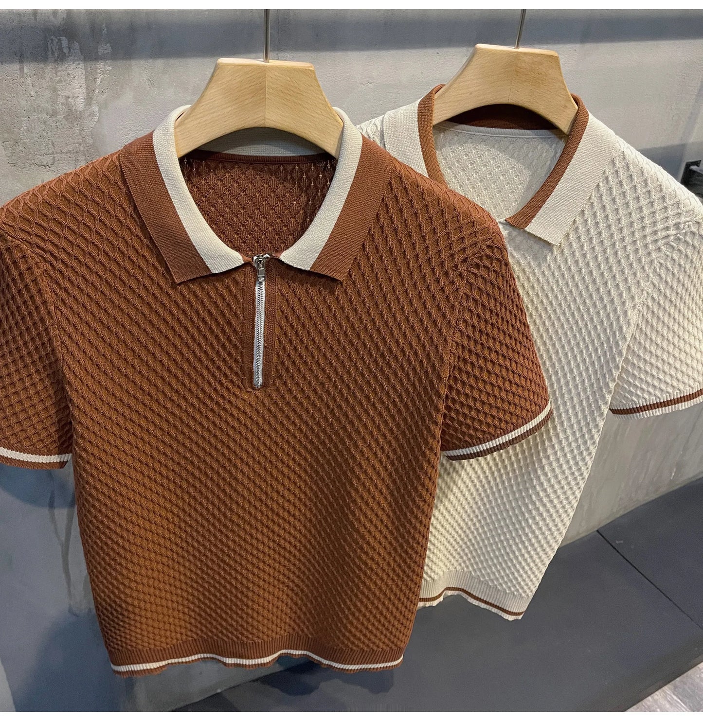 2026 Men's Casual V-Neck Knitted Jacquard Polo Shirt Solid Color Short Sleeve Solid Color Shirt Breathable Luxury Clothing B24
