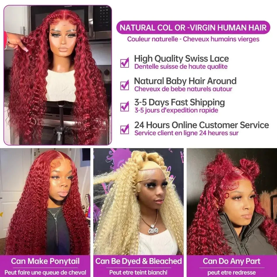 Burgundy 13x6 Hd Lace Front Human Hair Wig Curly Wig Red Wigs 40 Inch Transparent Lace Deep Wave Frontal Wig 99j 200 Density