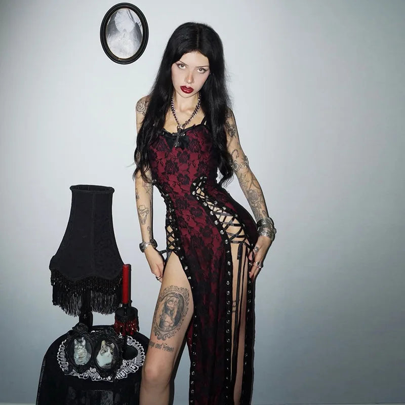 ONE TO WAN Summer Sexy Dark Gothic Style Dress Women's Subcultural Y2K Thin Spaghetti Strap Dress Vintage Design Punk Streetwear