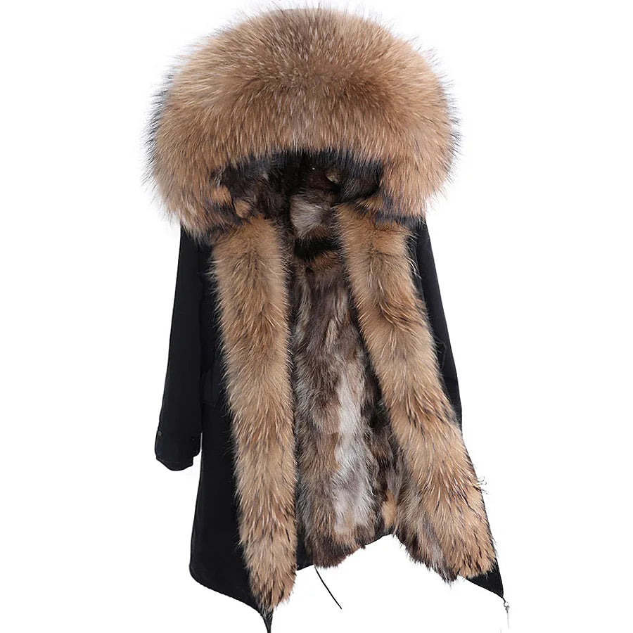 Maomaokong Winter Woman Natural Fur Overcoat Plus Size Black Parkas Raccoon Real Fur Lining Extra Larg Warm Jacket Coats Long