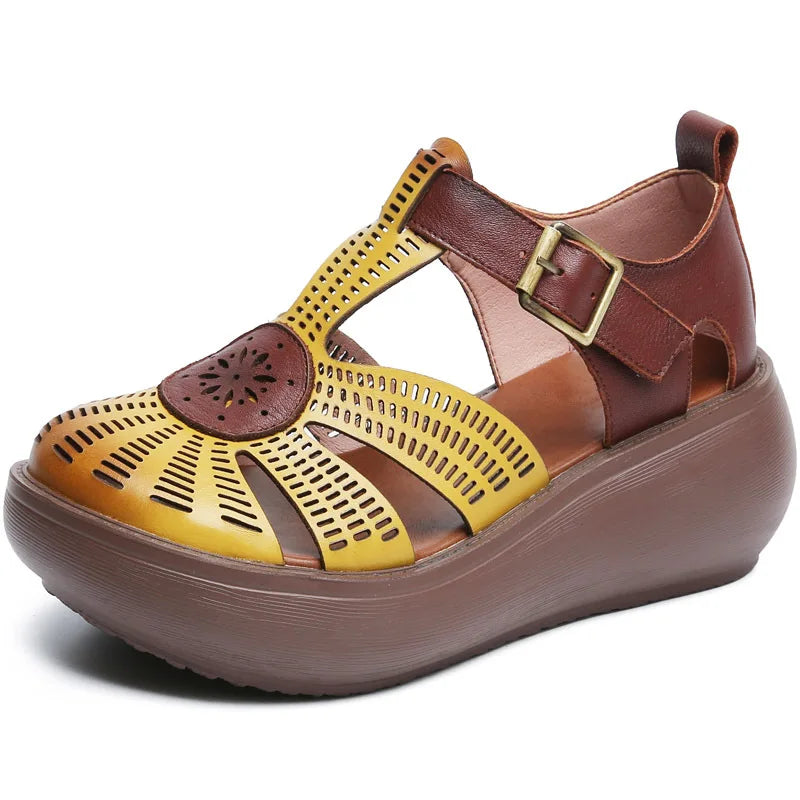 GKTINOO Genuine Leather Shoes Women Sandals Mixed Colors Retro Buckle Strap 2026 New Wedges Handmade Concise Platform Sandals