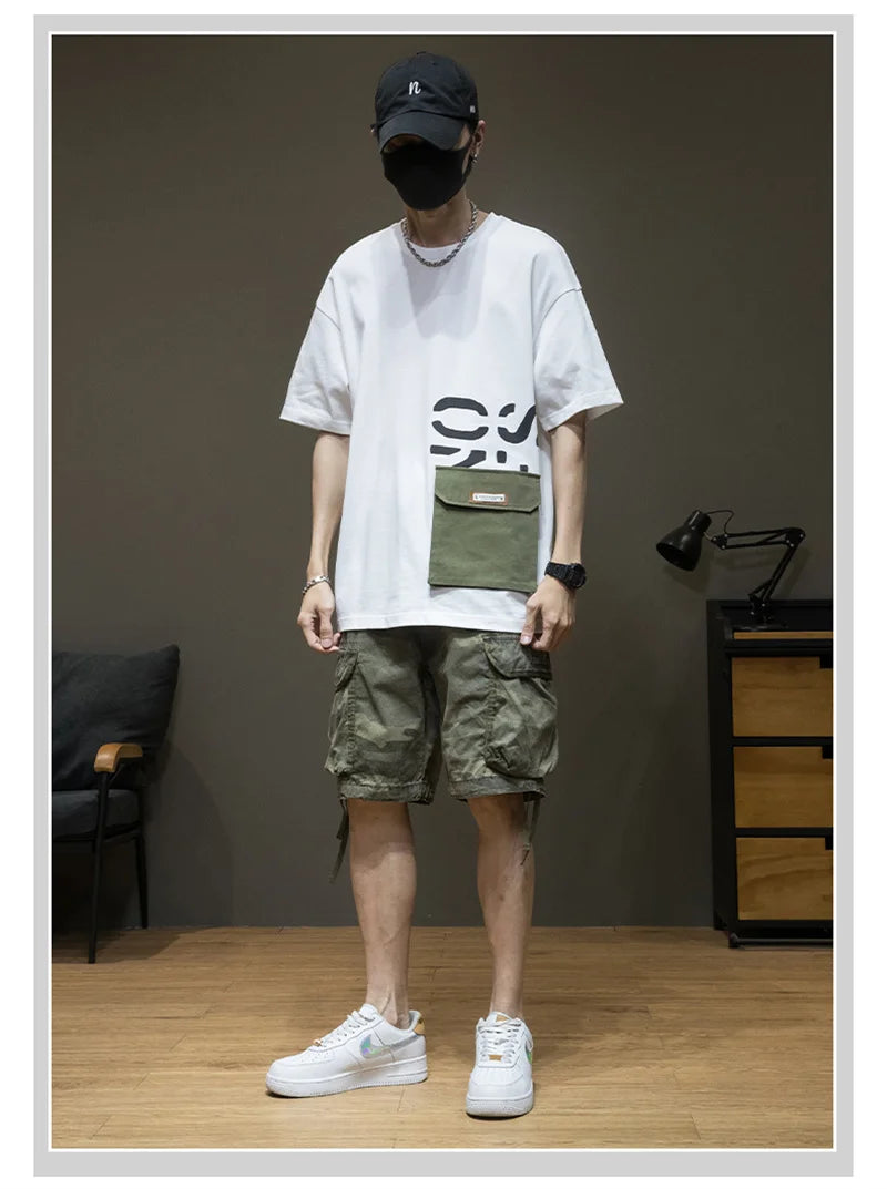 Summer Men's Short Sleeve Letter Printed T-shirt With Cargo Pocket Casual Cotton O-Neck Tops Y2K Streetwear Oversized Tee Shirts