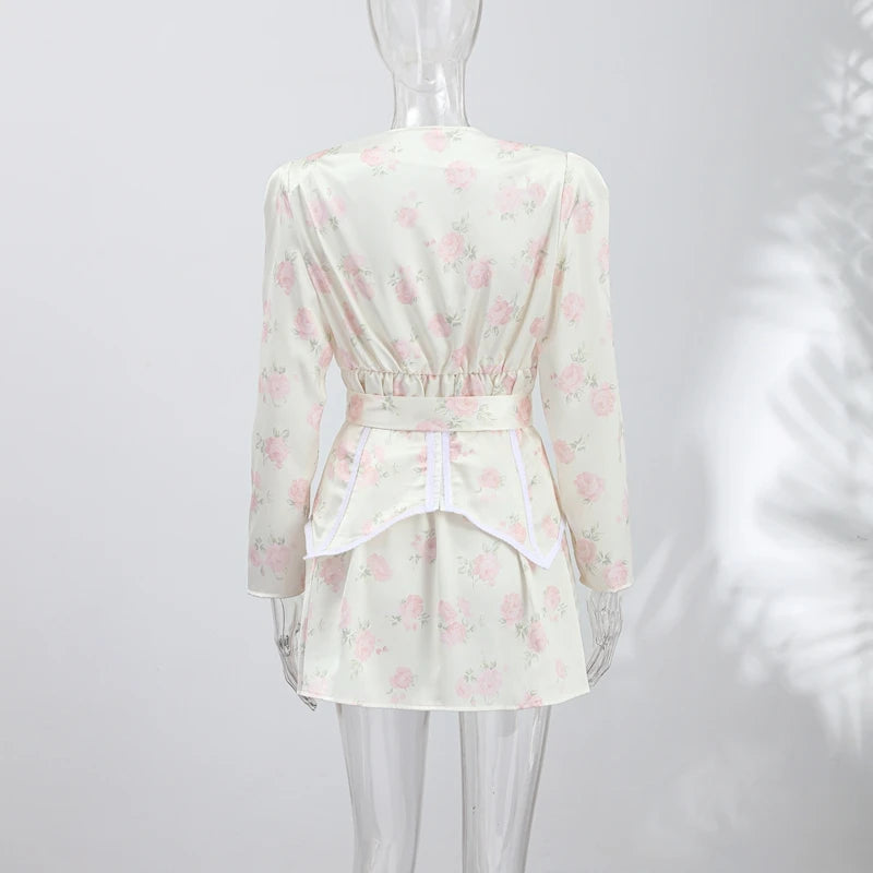 Casual Printed Mini Dress Women Full Sleeve Button V-neck Lady Short Dresses Waist Tape 2026 Spring Summer Female Robe Beach