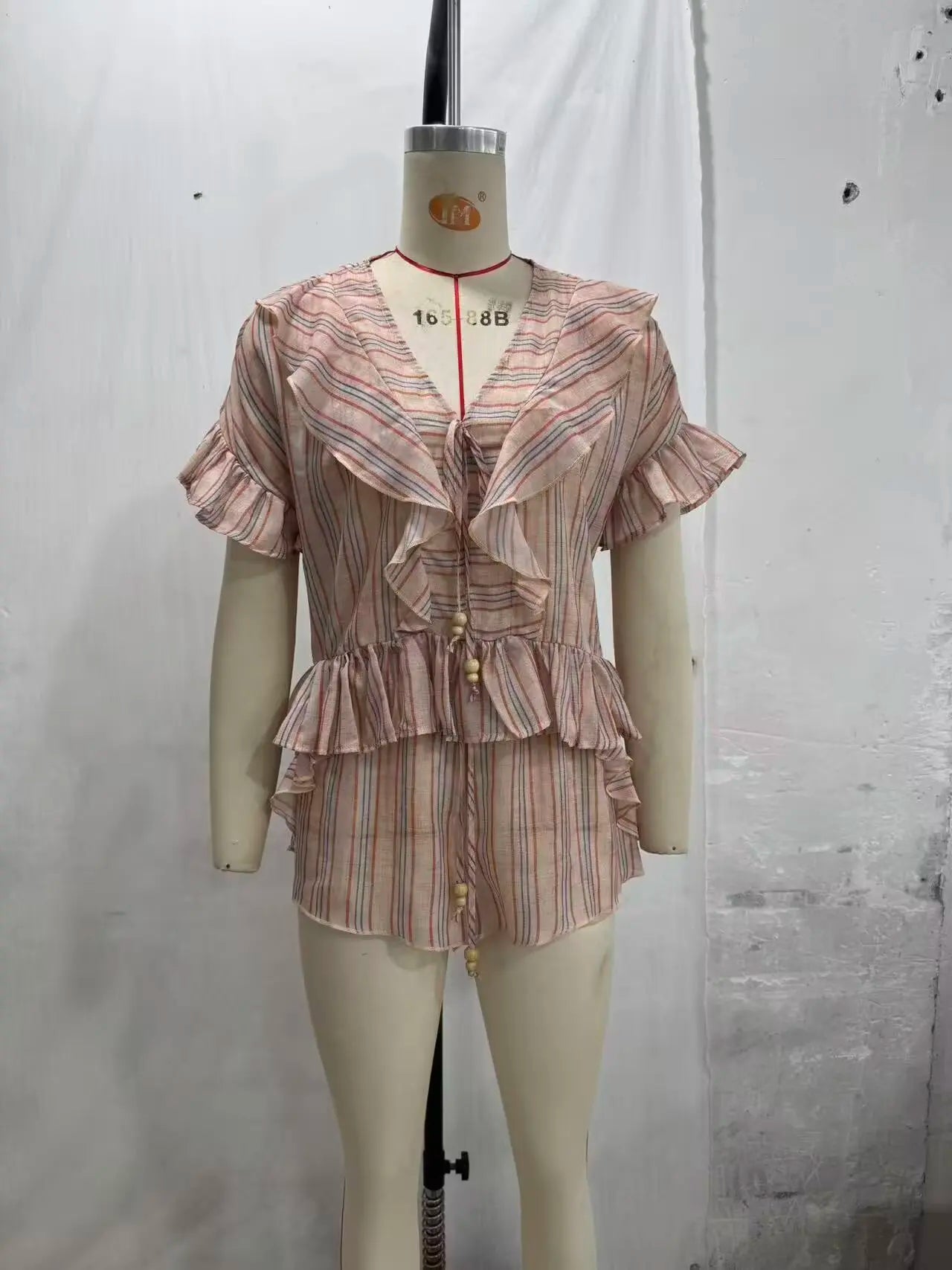 KONDALA Casual Striped Summer Woman Suits Lace-up V-Neck Shirt+ Drawstring Lace Shorts Fashion 2026 Female Elegant Tiered Sets