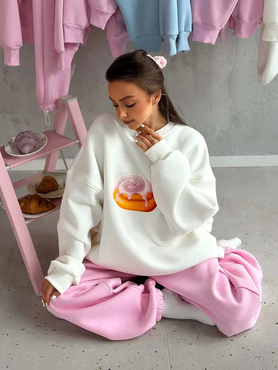 Sumuyoo Cake Printed Pullover Women's New Autumn Winter Plush Loose Slimming Long Sleeves Sweatshirts O-neck Pullover Hoodie