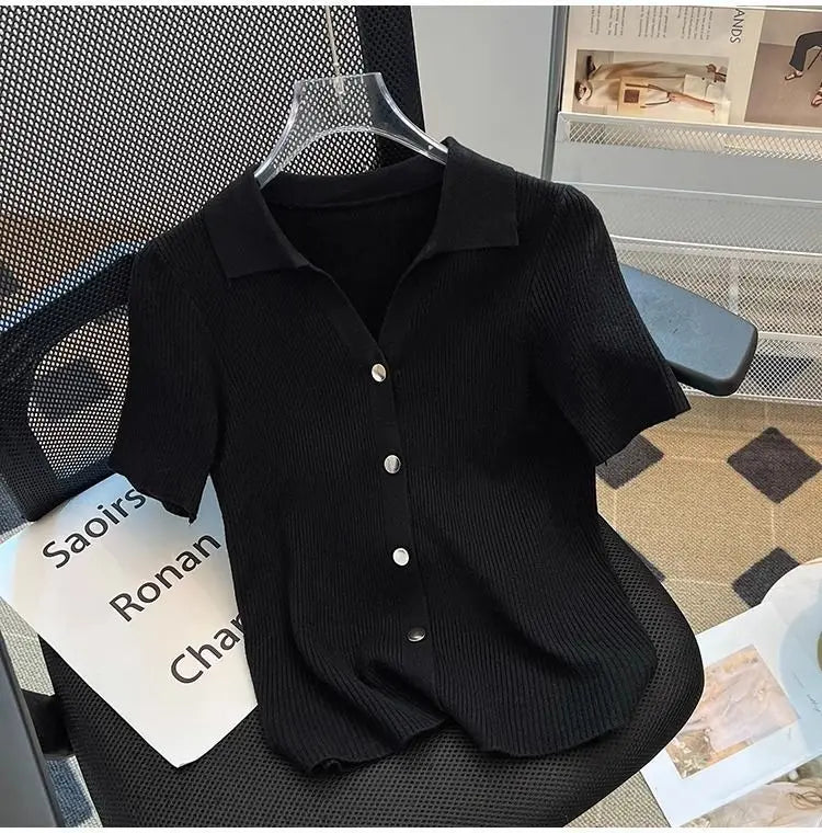 Knitted Polo Shirt  Women's Summer Cardigan Short Sleeve T-Shirt Casual Fashion Short Sleeve Tops Knitwear 2025 Korean Clothing