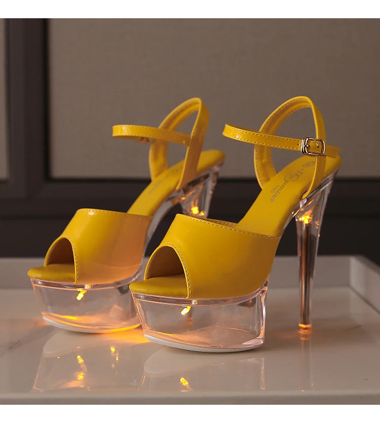 Women's Transparent And Glowing High Heels Red LED Light Up Party Sandals Nightclub Pole Dance Shoes 14.5CM Summer Runway Pumps