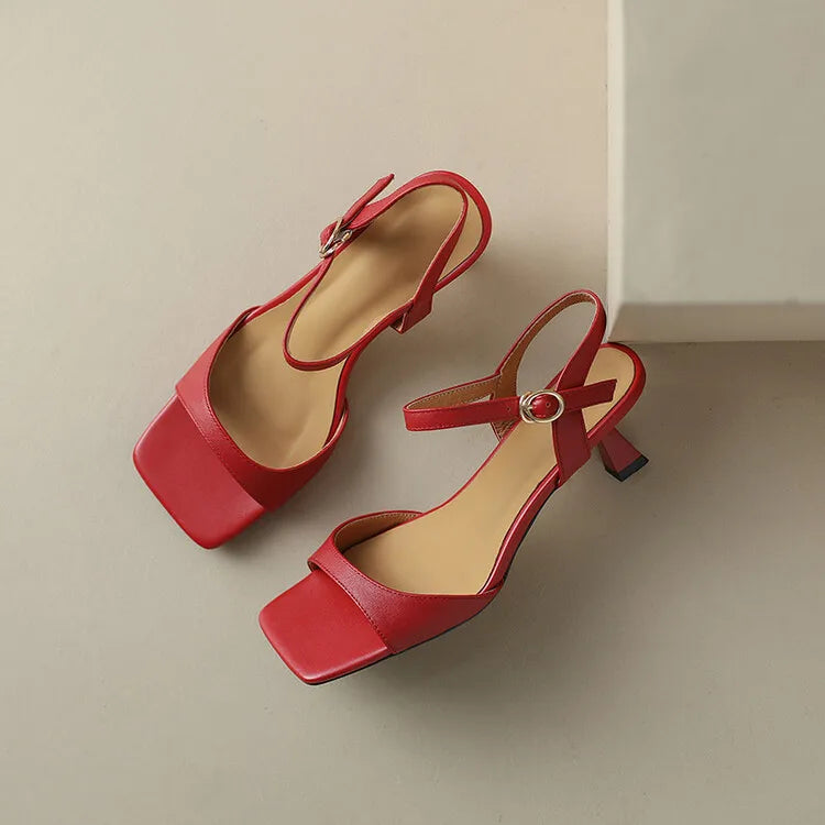 2025 Summer Sandals Women Shoes Open-Toe Thin Heel Women Sandals Split Leather Square Toe Shoes for Women High Heels Handmade