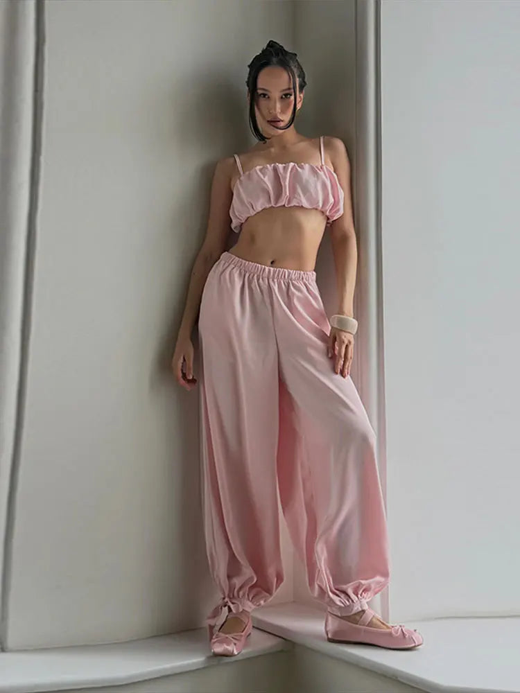 Women's Trousers 2 Pcs Suits Pleated Spaghetti Strap Cropped Tube Tops Elastic Waist Lace Up Pants Charming Ladies Partywear New
